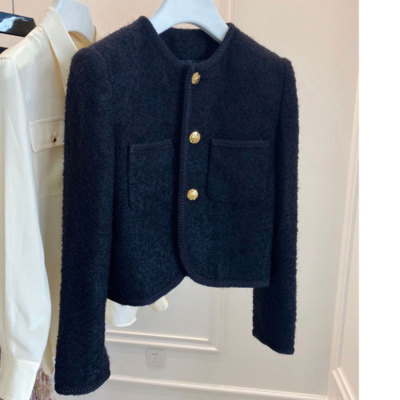 New High Quality Women Fashion Jackets Black Tweed Two Pockets Golden Buttons Elegant Coats Spring Autumn Women Clothes