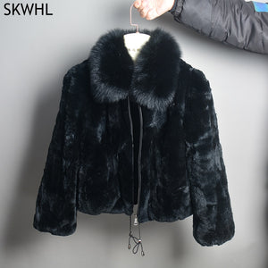 New Women Winter Thick Natural Real Rex Rabbit Fur Coat Lady Warm Quality 100% Genuine Rex Rabbit Fur Jacket With Fox Fur Collar