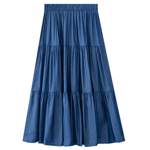 New Women's Ice Silk Skirt Spring-Summer Mid Length High Waist Large Swing Cake Skirt Solid Color Patchwork Denim Skirt