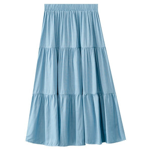 New Women's Ice Silk Skirt Spring-Summer Mid Length High Waist Large Swing Cake Skirt Solid Color Patchwork Denim Skirt