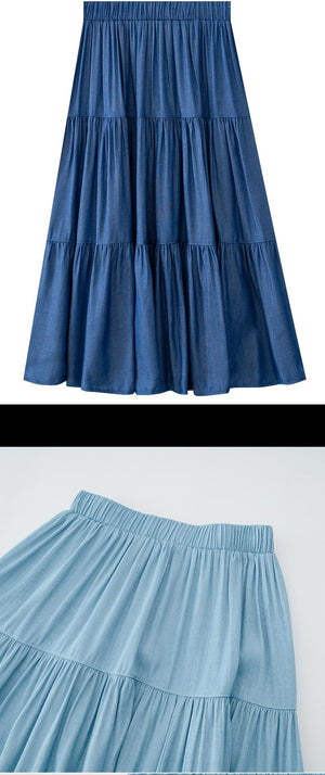 New Women's Ice Silk Skirt Spring-Summer Mid Length High Waist Large Swing Cake Skirt Solid Color Patchwork Denim Skirt