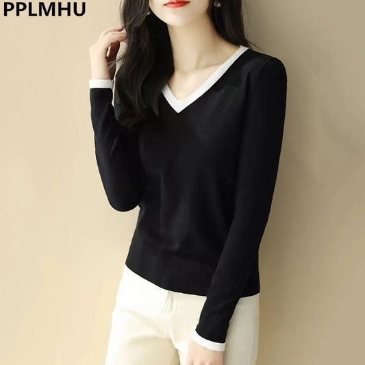 Oversize Women Vintage V-Neck Knit Sweater Spring Casual Knitwear Top Korean Fashion Pullover Loose Long Sleeve Sweaters New