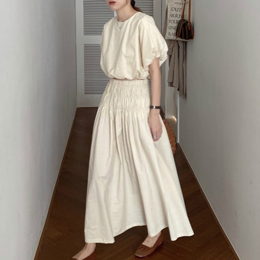 Oversized Summer Vintage 2 Two Piece Skirts Sets Women Outfits Puff Sleeve Crop Top and Elastic Waist Pleat Long A-line Skirt