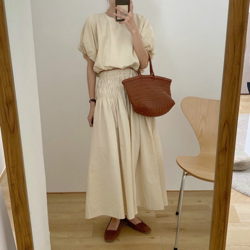 Oversized Summer Vintage 2 Two Piece Skirts Sets Women Outfits Puff Sleeve Crop Top and Elastic Waist Pleat Long A-line Skirt