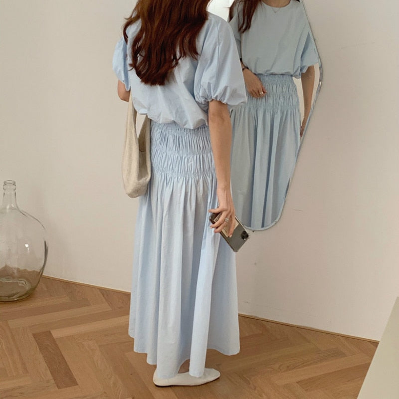 Oversized Summer Vintage 2 Two Piece Skirts Sets Women Outfits Puff Sleeve Crop Top and Elastic Waist Pleat Long A-line Skirt