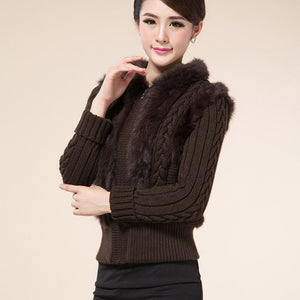 Real Fox Fur Collar Warm Spring Rabbit Fur Coat Female Real Fur Knitted Jacket Outwear Fashion Long Sleeve Hooed Coats Cardigans