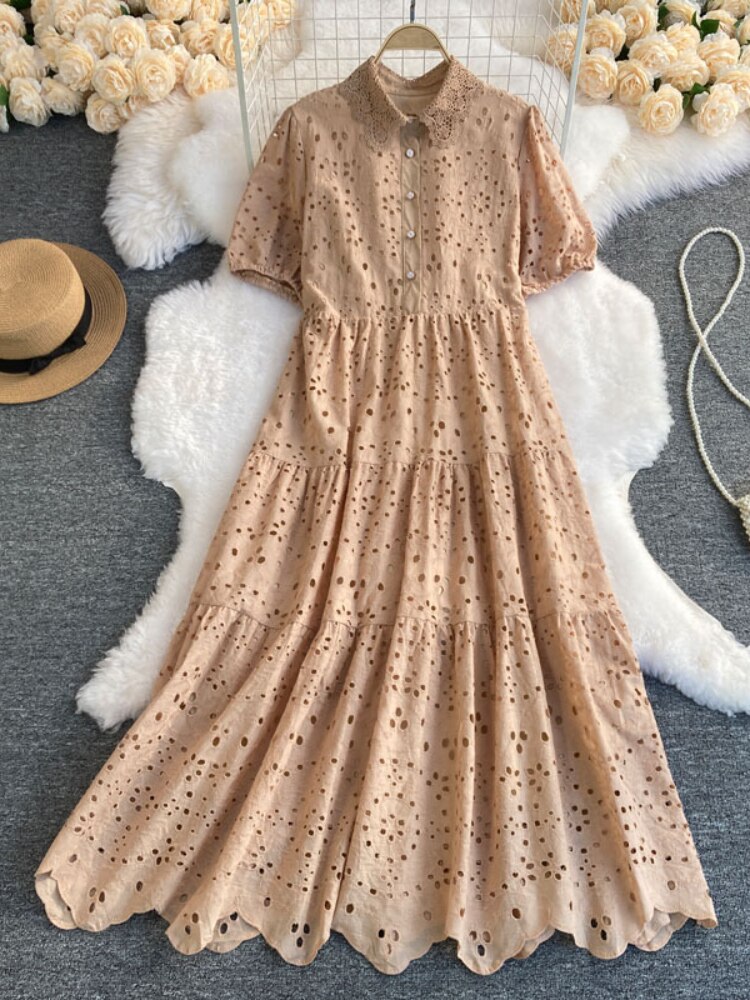 Summer Dress Fashion Temperament Elegant Sweet Lapel Hollow Embroidery Puff Sleeves Loose Long Bohemian Holiday Women's Dress