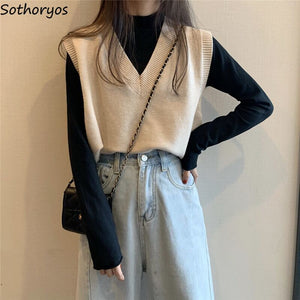 Sweater Vest Women Solid Simple V-neck Leisure Basic Outwear All-match Elegant Spring Office Ladies Colorful Fashion Sweaters