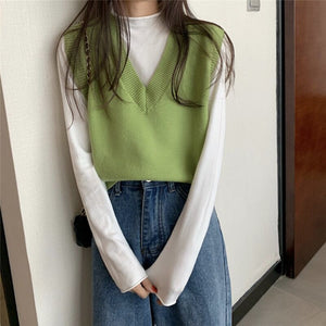 Sweater Vest Women Solid Simple V-neck Leisure Basic Outwear All-match Elegant Spring Office Ladies Colorful Fashion Sweaters