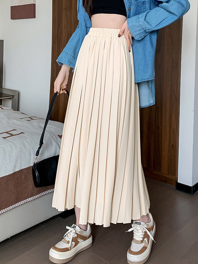 TIGENA Women Pleated Long Skirt 2023 Spring Vintage Elegant Casual Solid All-match A Line Elastic High Waist Maxi Skirt Female