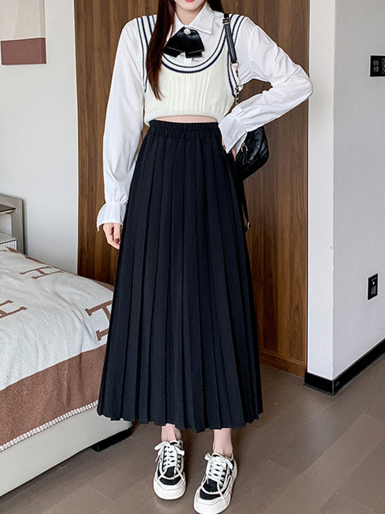 TIGENA Women Pleated Long Skirt 2023 Spring Vintage Elegant Casual Solid All-match A Line Elastic High Waist Maxi Skirt Female