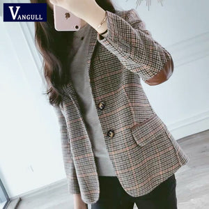 Vangull British Style Slim women Plaid Blazers Patch Elbow Patchwork Women Classic Suit Coat Formal Lady Single Breasted Outwear