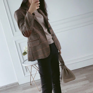 Vangull British Style Slim women Plaid Blazers Patch Elbow Patchwork Women Classic Suit Coat Formal Lady Single Breasted Outwear