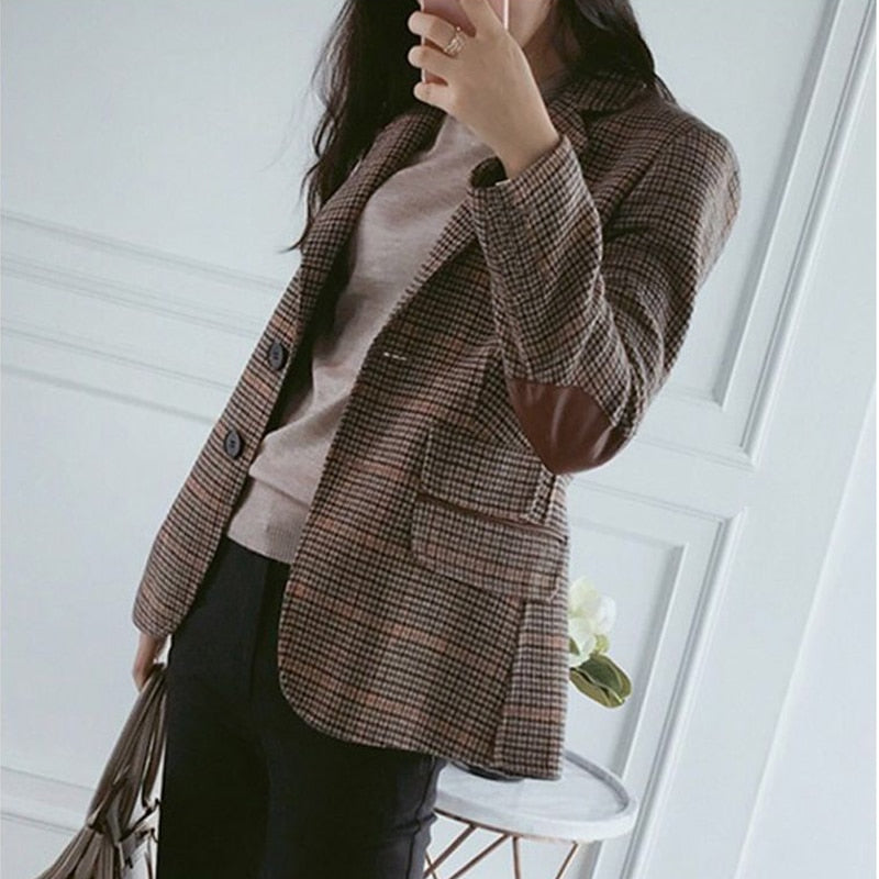 Vangull British Style Slim women Plaid Blazers Patch Elbow Patchwork Women Classic Suit Coat Formal Lady Single Breasted Outwear