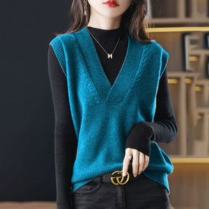 Women'S Knitted Vest Women Solid Casual Sweater Pullover Loose V-Neck Knitwear Top Harajuku Fashion Fall Winter Base Waistcoat