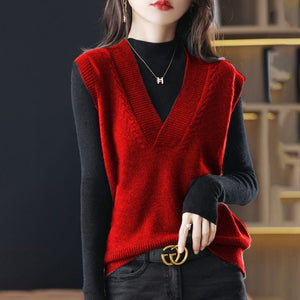 Women'S Knitted Vest Women Solid Casual Sweater Pullover Loose V-Neck Knitwear Top Harajuku Fashion Fall Winter Base Waistcoat