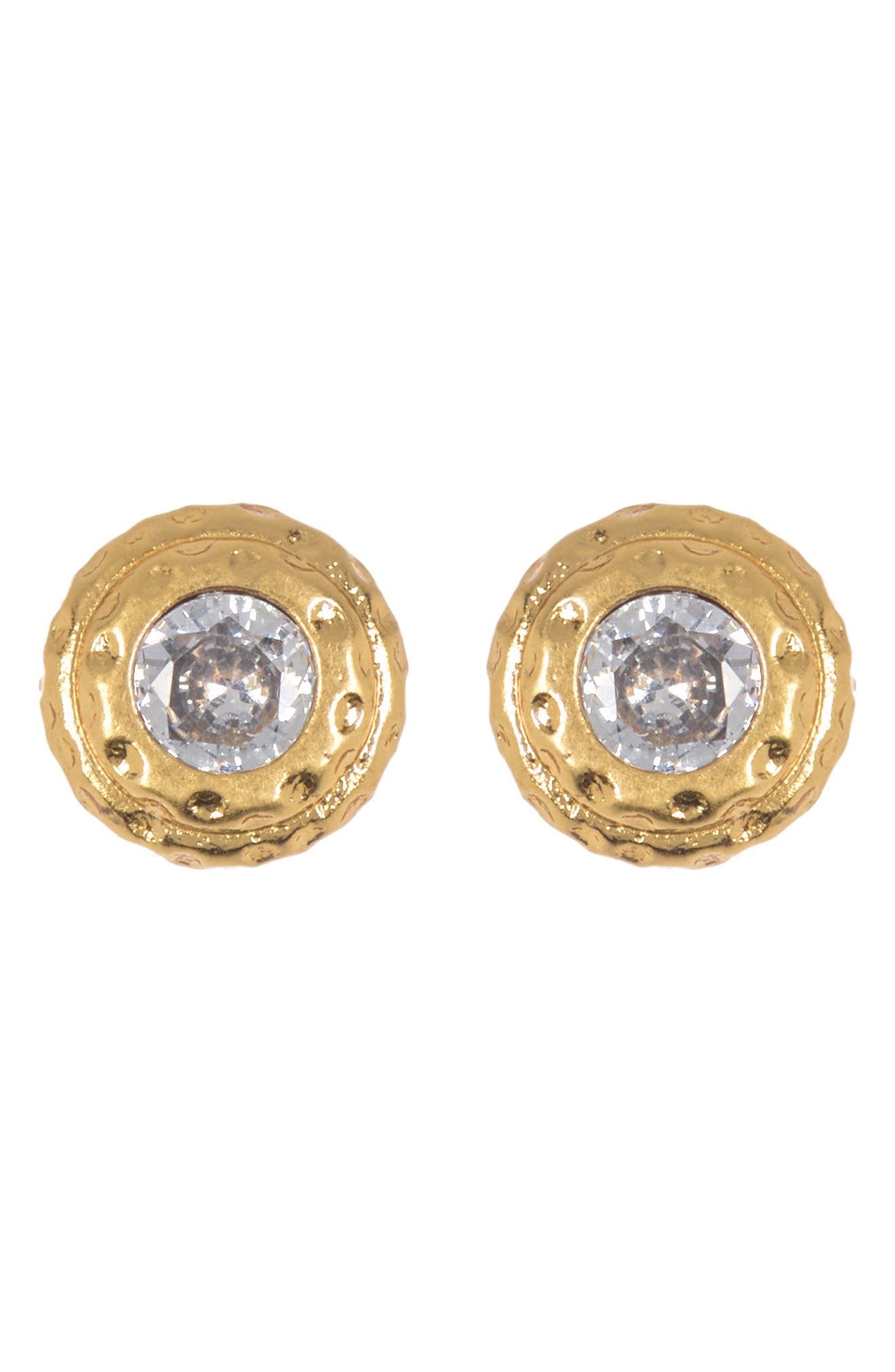KATE SPADE NEW YORK bezel cz hammered round stud earrings, Main, color, CLEAR/ GOLD