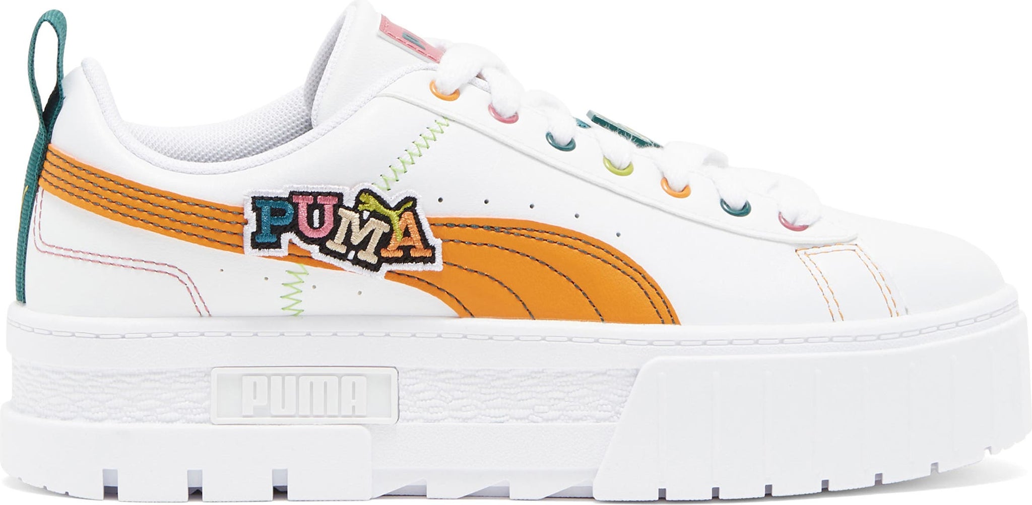 PUMA Mayze Pierced Platform Sneaker, Alternate, color, PUMA WHITE/ ORANGE BRICK