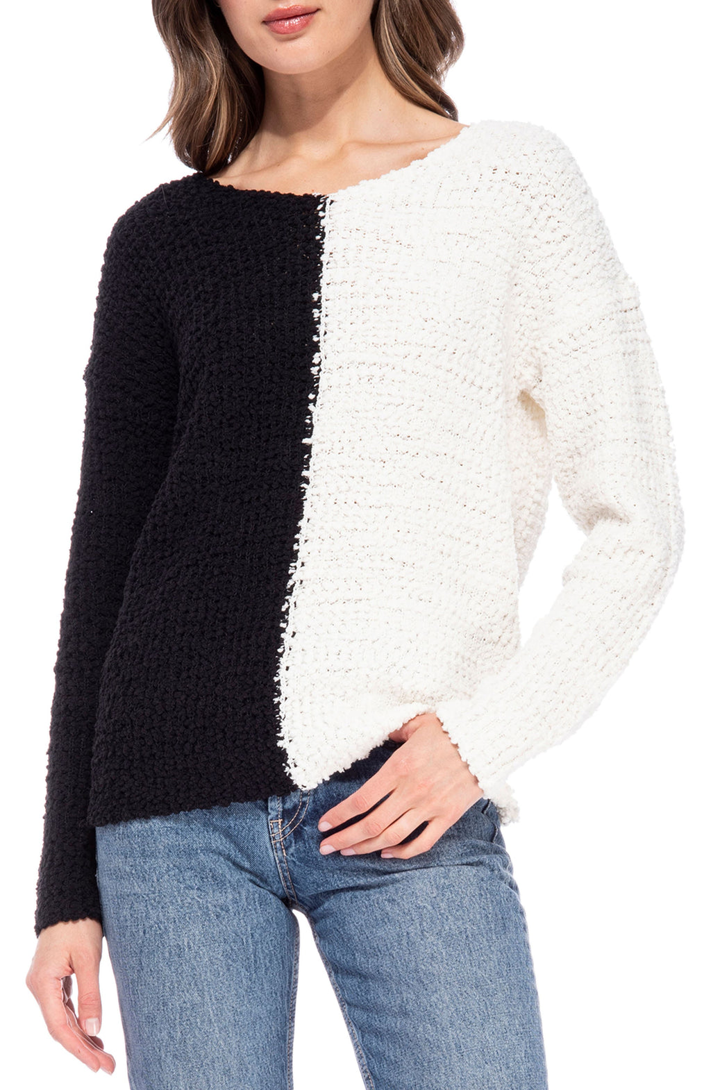 BOBEAU Popcorn Twist Back Sweater, Main, color, IVORY/ BLACK