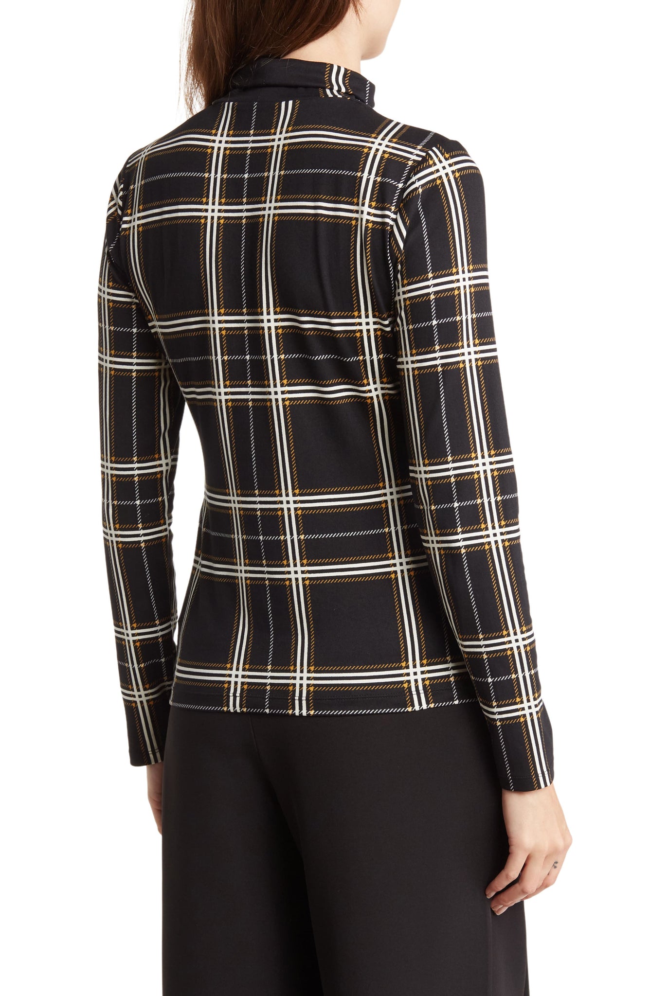 BY DESIGN Turtleneck Long Sleeve Jersey Top, Alternate, color, BLACK PLAID