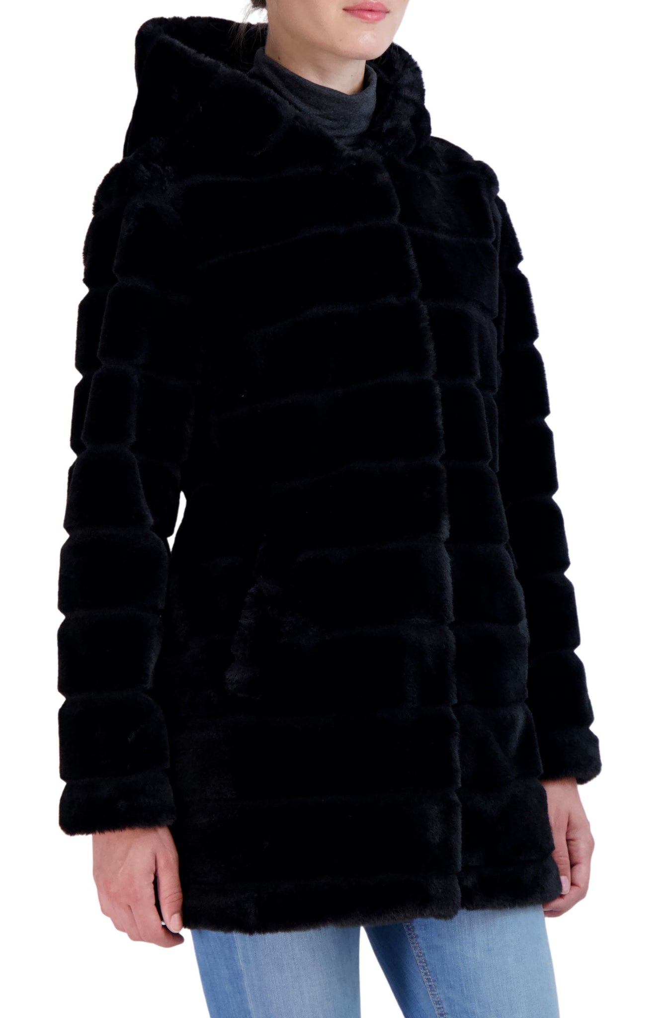 SEBBY Hooded Faux Fur Jacket, Alternate, color, BLACK