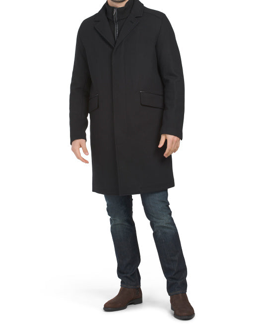 Wool Blend Twill Topper Coat With Knit Bib