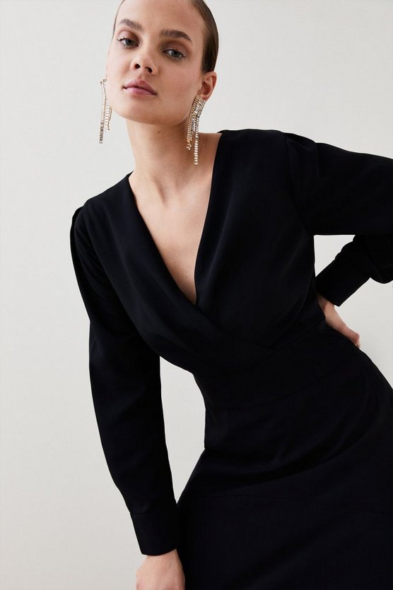 Soft Tailored Wrap Sleeved High Low Midi Dress