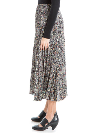 MAX STUDIO Graduated Pleat Print Knee-Length Midi Skirt, Alternate, color, BLACK/ SAGE CARA FOLK FLOWER