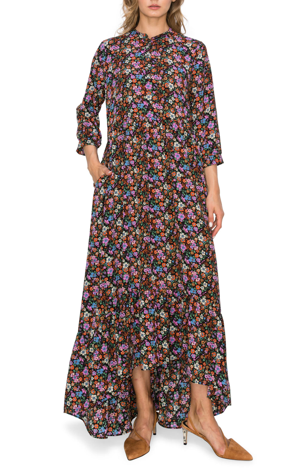 MELLODAY Button Front Hi-Low Maxi Dress, Main, color, BLACK DITSY