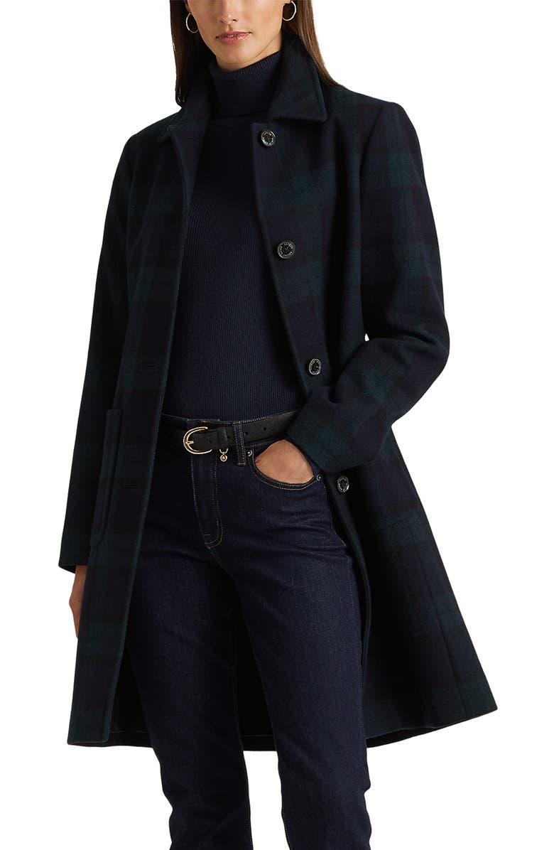 LAUREN RALPH LAUREN Plaid Wool Blend Coat