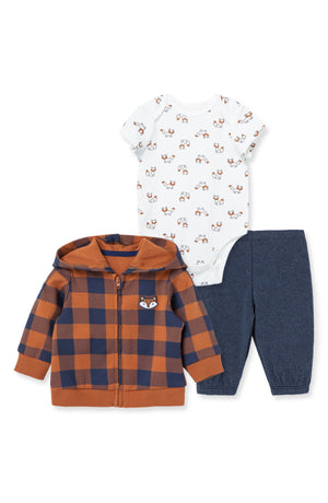 LITTLE ME Fox Bodysuit, Hoodie & Pants Set, Main, color, BLUE