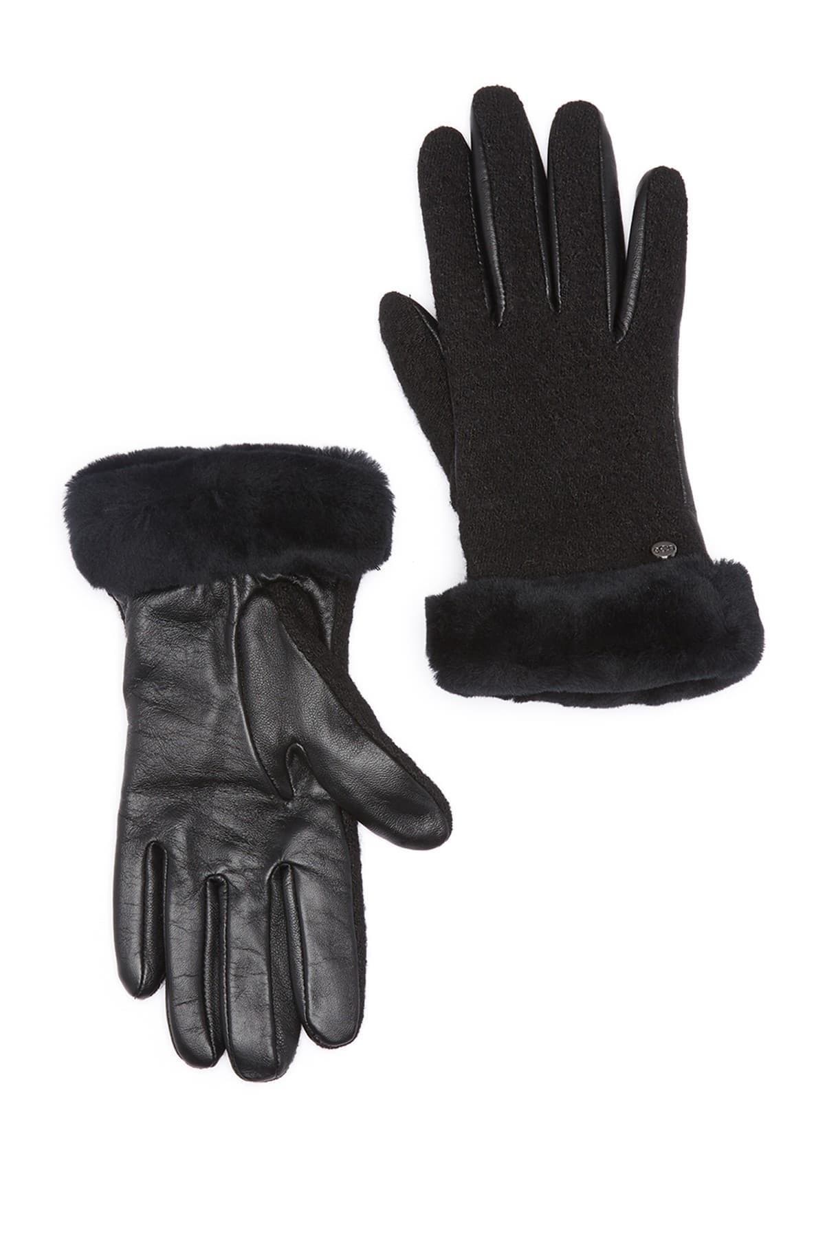 UGG<SUP>®</SUP> UGG Genuine Shearling Trim Leather Gloves, Alternate, color, BLACK