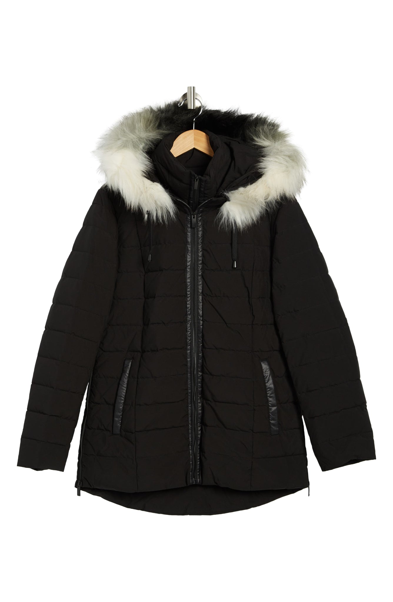 DONNA KARAN NEW YORK Zip Bib Faux Fur Hooded Puffer Jacket, Alternate, color, BLACK