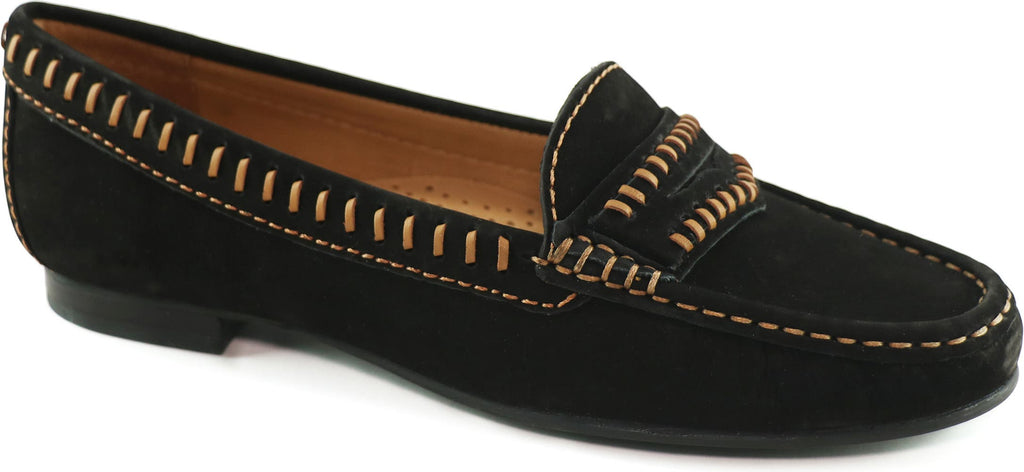 DRIVER CLUB USA Maple Ave Penny Loafer, Main, color, BLACK NUBUCK/ CONTRAST STITCH