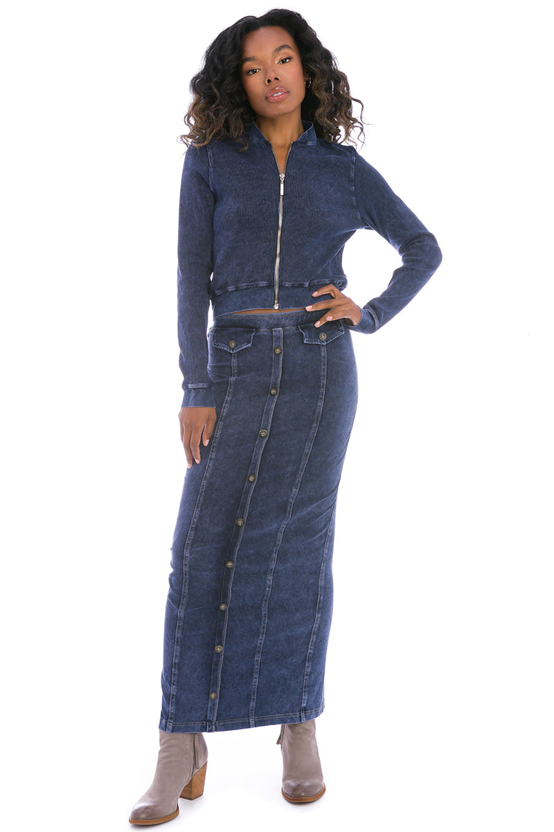 Long Button Front Jean Skirt