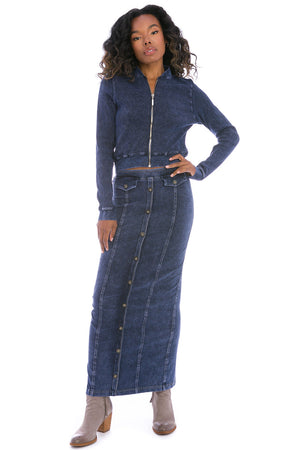Long Button Front Jean Skirt