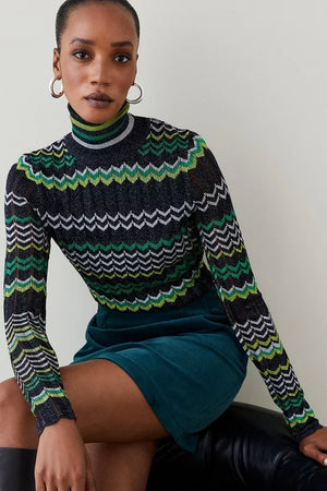 Patterned Sparkle Knit Turtleneck Top