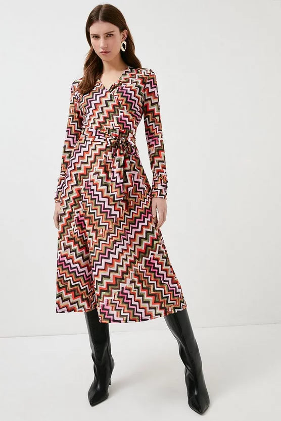 Multi Chevron Printed Midi Jersey Dress